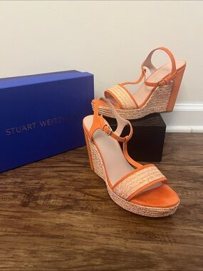 Stuart Weitzman Orange Woven Espadrille Wedge Sandals